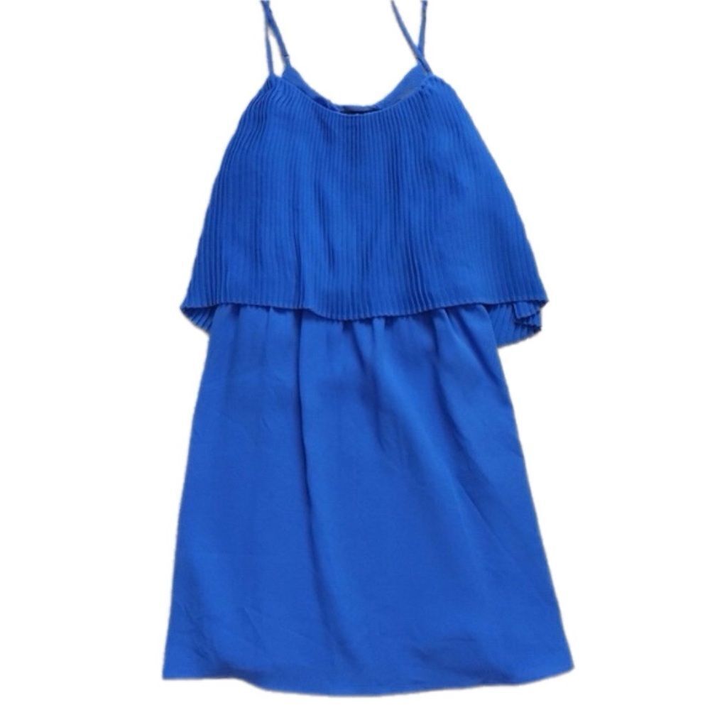 Mossimo Blue Pleated Front Ruffle Overlay Fit & Flare Mini Dress